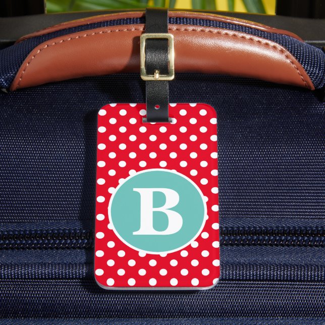 Hellroter und weißer Polka-Dot mit Aquamarinem Mon Gepäckanhänger (Vorderseite Insitu 2)