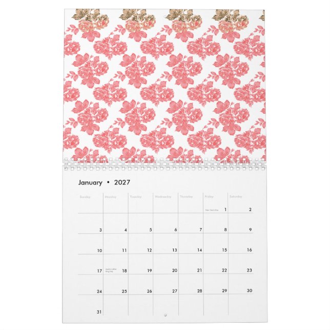 Hellrotes und rosa Blumenverpackungspapier mit Kalender (Jan 2027)