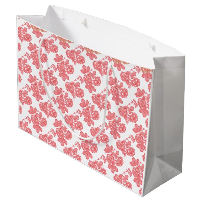 Hellrotes und rosafarbenes Blumenpapier Große Geschenktüte (Rückseite Schrägansicht)