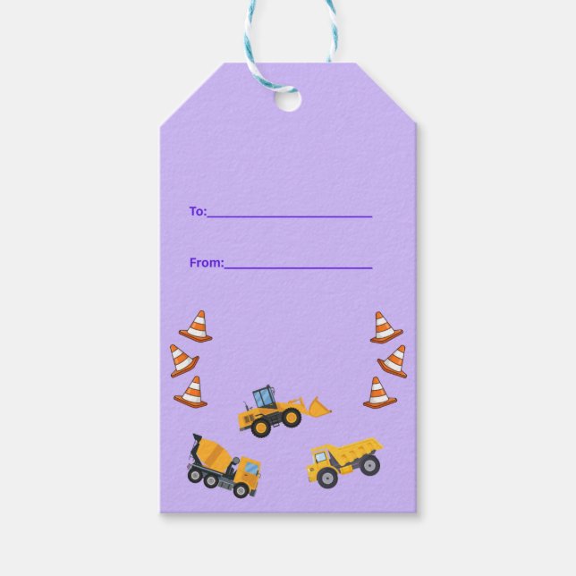 Hellviolette lustige Baustellen-LKW-Geburtstagsfei Geschenkanhänger (Vorderseite)