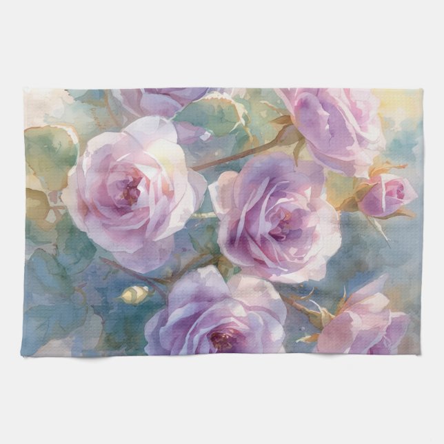 Hellviolette Rosen Impressionistische Blumen Geschirrtuch (Horizontal)