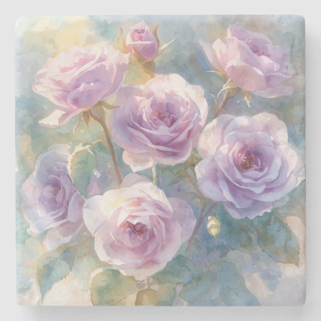 Hellviolette Rosen Impressionistische Blumen Steinuntersetzer (Vorderseite)