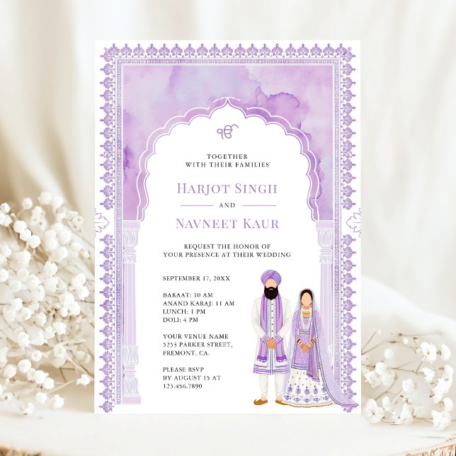 Hellviolette Wasserfarbe-Bogenrahmen Sikh-Hochzeit Einladung (Von Creator hochgeladen)