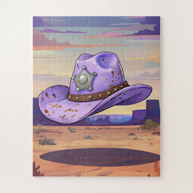 Hellvioletter Cowgirl-Hut, der in der Wüste schweb Puzzle (Vertikal)