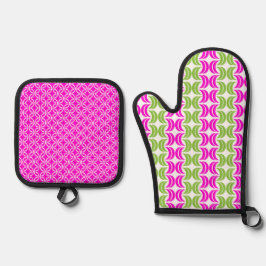 HELLWARNPINK UND GRÜNE GEOMETRISCHE PATTER OFENHANDSCHUH & Topflappen-Set