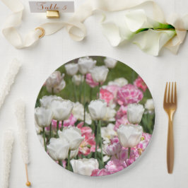 Hellweiße und rosa Tulpen an einem sonnigen Tag Pappteller