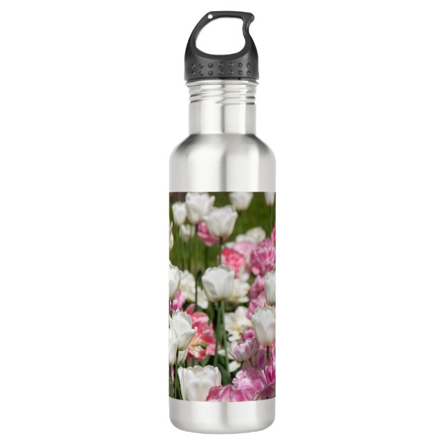 Hellweiße und rosa Tulpen auf sonniger Höhe Edelstahlflasche (Vorderseite)