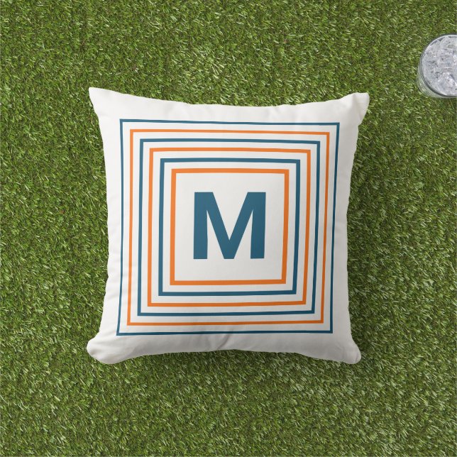 Hellweißes Orangenblau Abstrakt Modernes Monogramm Kissen (Golfball-Marker)