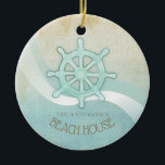 Helm Aqua Blue ID623 Beach House Nautical Boat Keramik Ornament<br><div class="desc">Dieses Produkt in den sanften Farben von Meer und Sand ermöglicht es Ihnen, einfach Ihren eigenen Namen und Text mit der bereitgestellten Vorlage hinzuzufügen. Das einfache Boot-Helm-Bild auf einem gebeutelten, wasserfarbenen Hintergrund wird durch einen Wellenakzent in Aqua und Weiß hervorgehoben. Wenn Sie nicht das Glück haben, ein Strandhaus oder eine...</div>