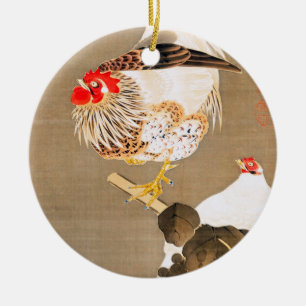 Hen and Rooster with Grapevine by Ito Jakuchu Keramik Ornament