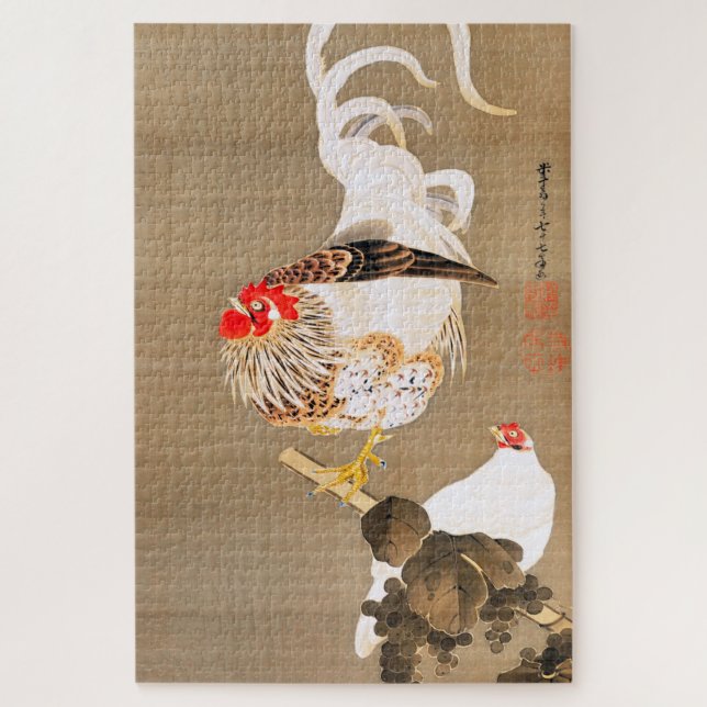 Hen and Rooster with Grapevine by Ito Jakuchu Puzzle (Vertikal)