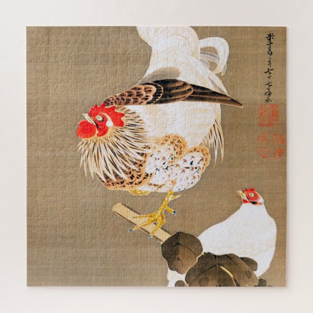 Hen and Rooster with Grapevine by Ito Jakuchu Puzzle (Vertikal)