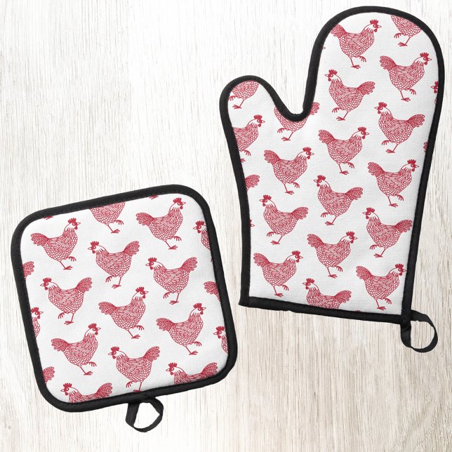 Hen Chicken Red und White Ofenhandschuh & Topflappen-Set (Chicken hen red and white pattern kitchen oven mitt and pot holder)
