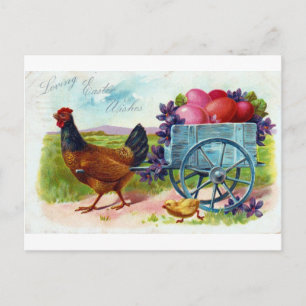 Hen pulling cart Easter Vintage Postcard Feiertagspostkarte