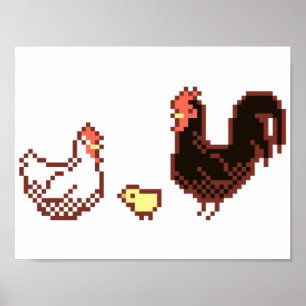 Hen, Rooster und Chick Pixel Art Poster