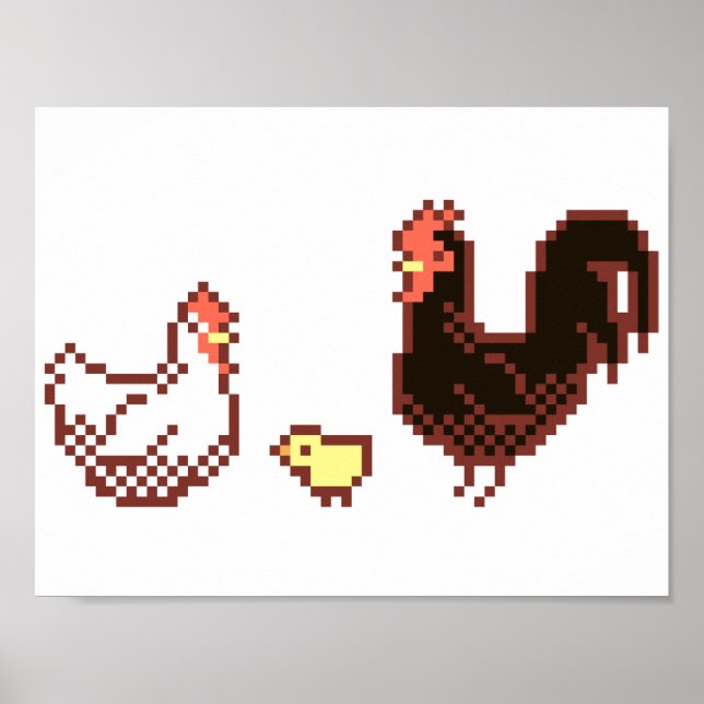 Hen, Rooster und Chick Pixel Art Poster (Vorne)