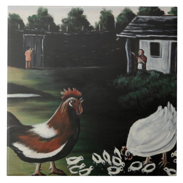 Hen with her Chicks in a Rural Farmyard Landscape Fliese (Vorderseite)