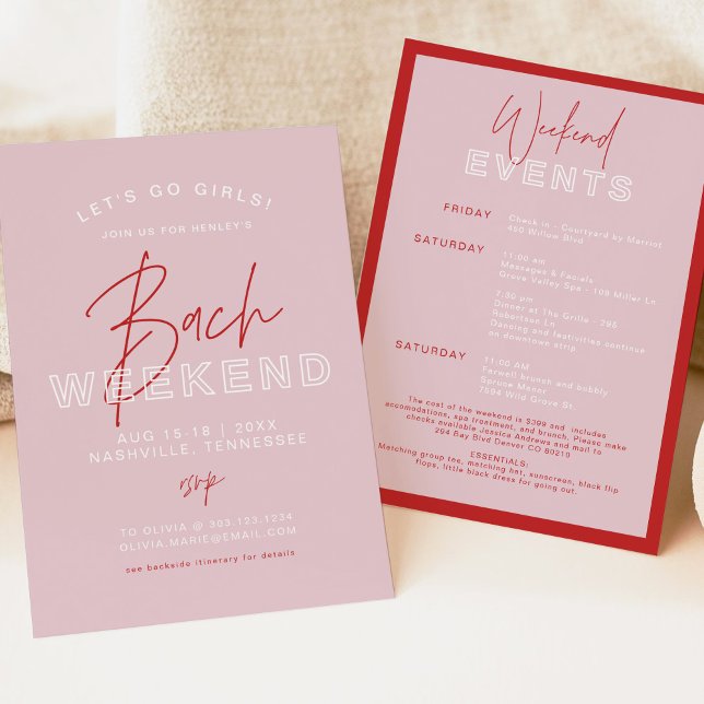 HENLEY Modern Pink & Red Bachelorette Itinerary Einladung (Von Creator hochgeladen)