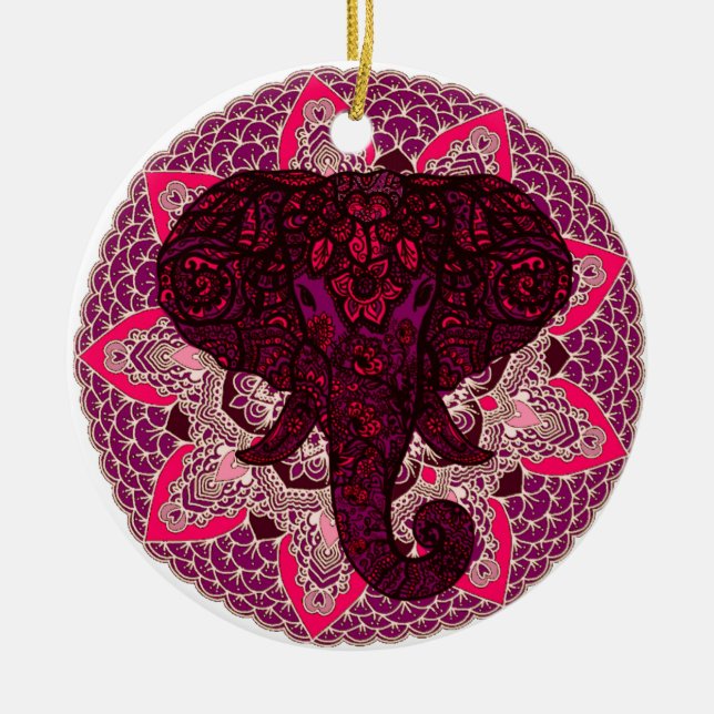 Henna Elephant Head Mandala Pink Mehndi Tattoo Keramik Ornament (Vorne)
