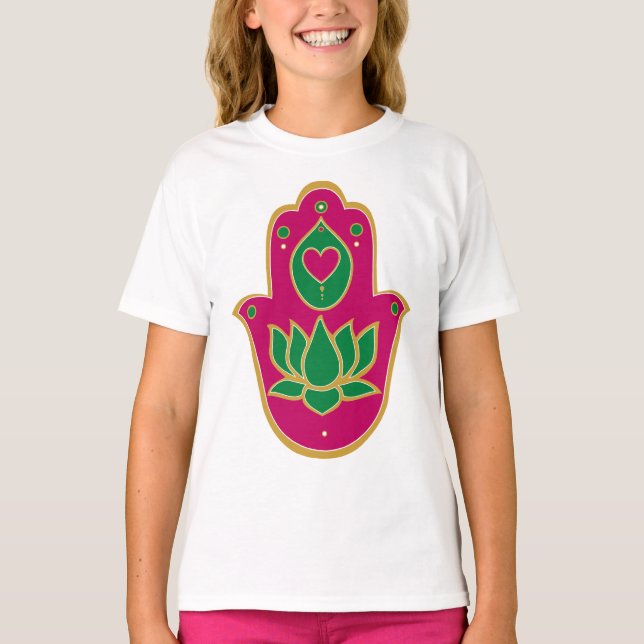 Henna Hamsa Lotus Green & Pink T-Shirt (Vorderseite)