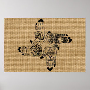 Henna-Hände 4 Quadrat Paisley-Tattoo Vintage Poster