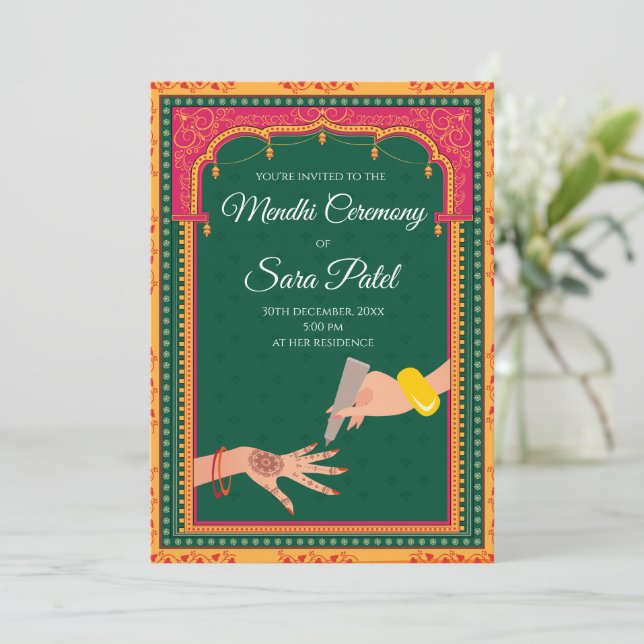 Henna invitations & Mehendi lädt Mehndi Party ein Einladung (Stehend Vorderseite)