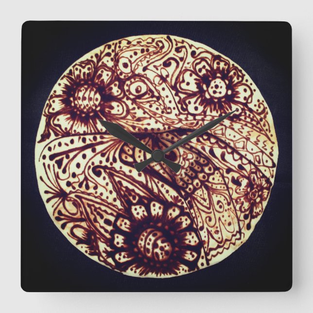 Henna-Muster Quadratische Wanduhr (Vorderseite)