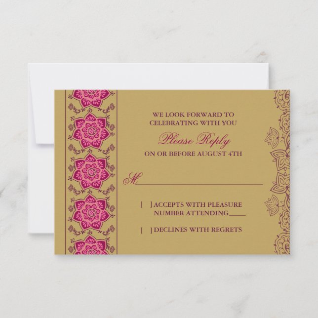 Henna Raisin Pink Gold Indian Wedding RSVP Antwort (Vorderseite)