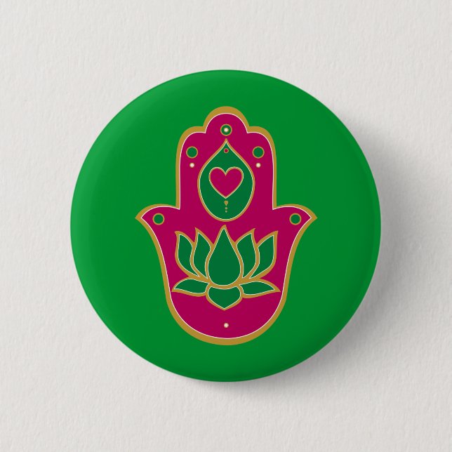 Hennastrauch Hamsa Lotus Grün u. Rosa Button (Vorderseite)