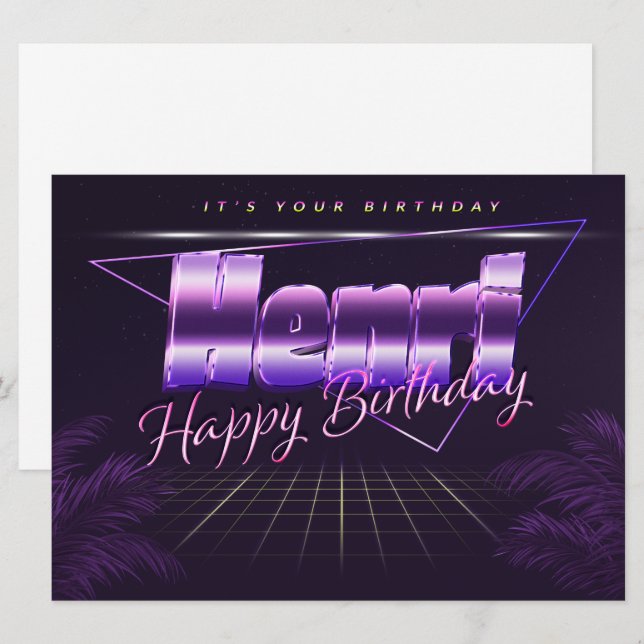 Henri Name Vorname lila retro Karte Geburtstag (Vorne/Hinten)