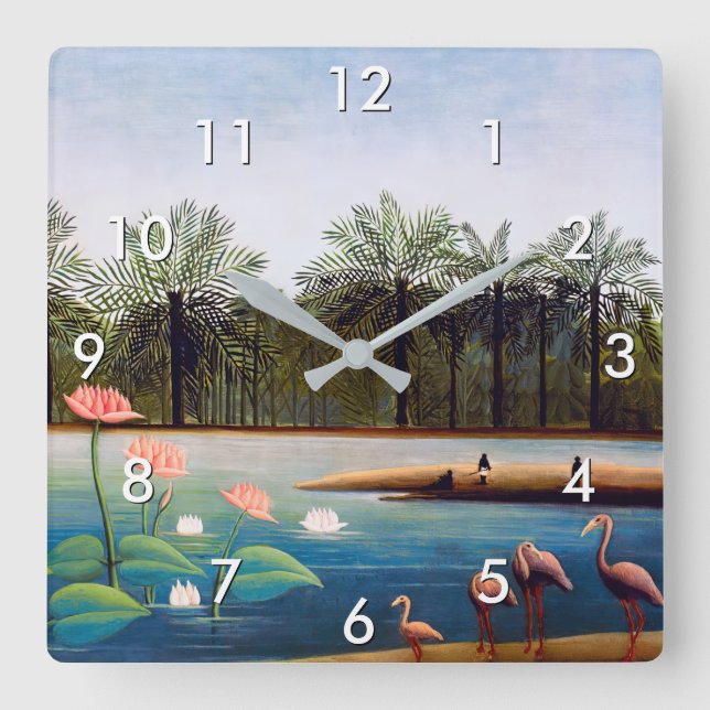 Henri Rousseau - Die Flamingos Quadratische Wanduhr (Vorderseite)