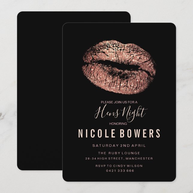 Hens Night Rose Gold Lips Einladung (Vorne/Hinten)