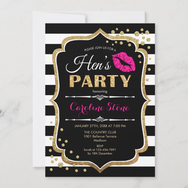 Hens Party - Black Pink Gold Einladung (Vorderseite)