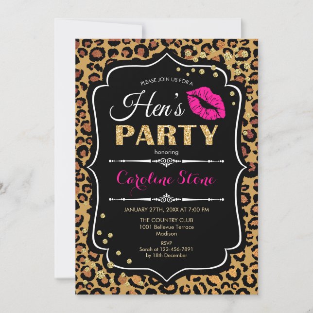 Hens Party - Leopard Print Black Pink Gold Einladung (Vorderseite)