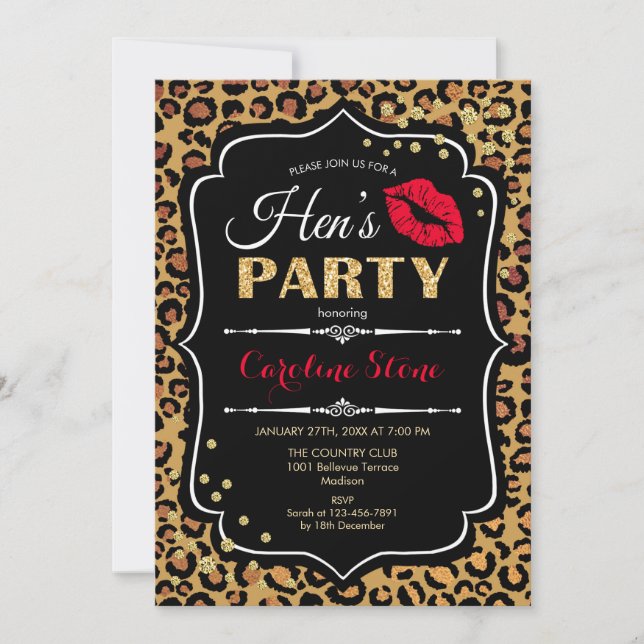 Hens Party - Leopard Print Black Red Gold Einladung (Vorderseite)
