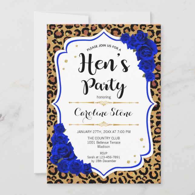 Hens Party - Royal Blue Gold Leopard Print Einladung (Vorderseite)