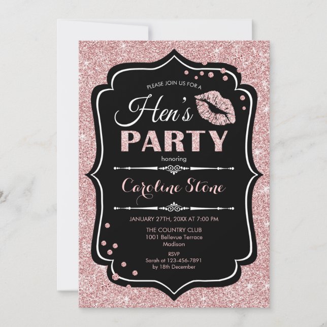 Hens Party - Schwarze Rose Gold Einladung (Vorderseite)