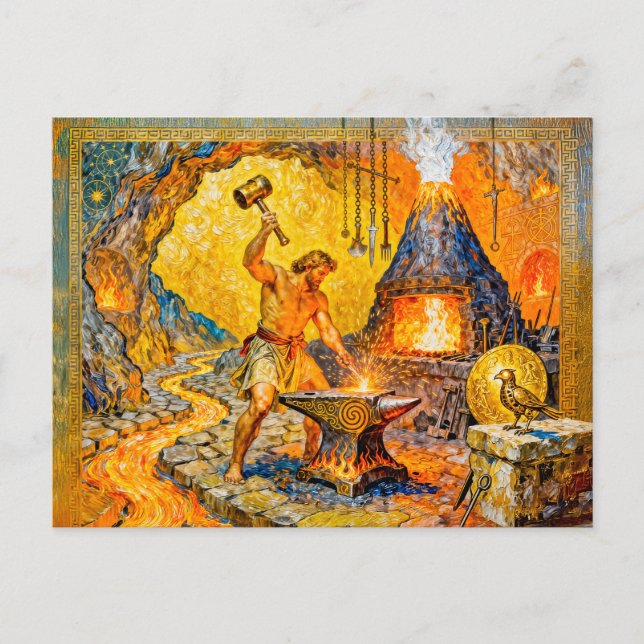 Hephaestus in der Schmiede mit Hammer, Amboss, Vul Postkarte (Vorderseite)