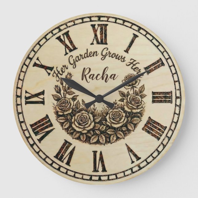Her Garden Grows Here | Custom Name wall clock  Große Wanduhr (Vorderseite)