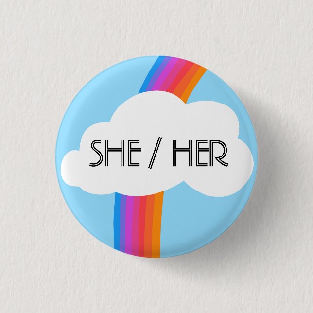 HER Pronouns farbenfrohe Regenbogenwolke Button (Vorderseite)