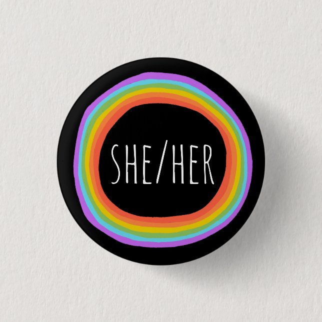 HER Pronouns farbenfroher Regenbogenkreis Schwarz Button (Vorderseite)