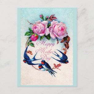 Herabfallende blaue Vögel und Rosen zum Muttertag Postkarte