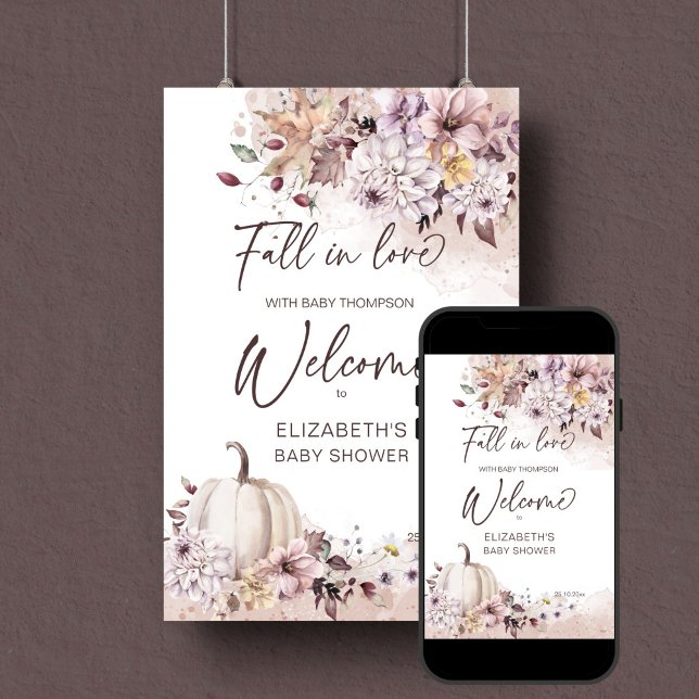 Herabsetzung der Liebe Babydusche boho pastellfarb Poster (Fall in love boho pumpkin dahlia baby shower editable template welcome sign instant digital download)