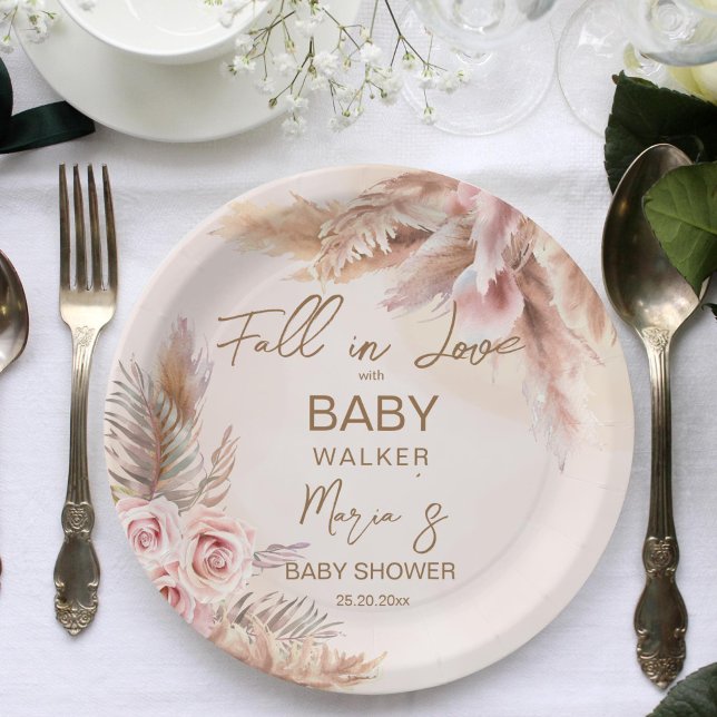 Herabsetzung der Liebe Pampas Gras Boho Babydusche Pappteller (Fall in love baby shower personalized plates pampas grass boho roses pastel beige fall themed baby)