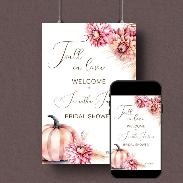 Herabsetzung des Begrüßungszeichens für das Brautp Poster (Fall in love bridal shower welcome sign poster digital download earthy dusty pink pumpkin & dahlias)