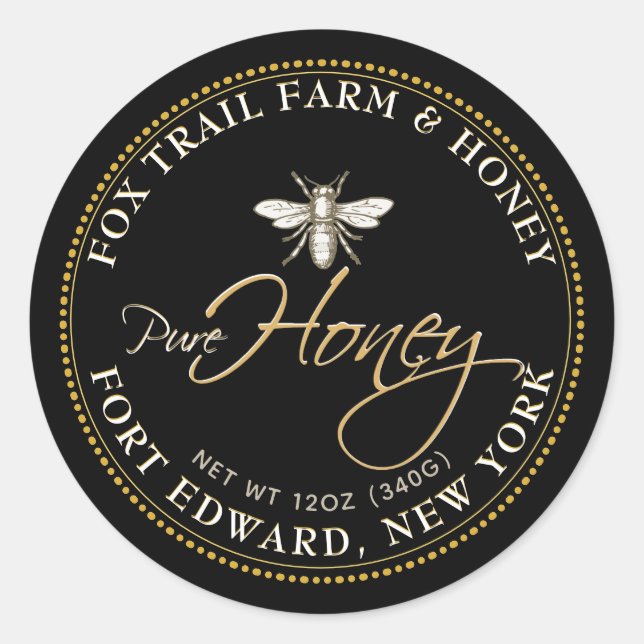 Heraldic Bee Black Honey Label mit Skripttext Runder Aufkleber (Vorderseite)