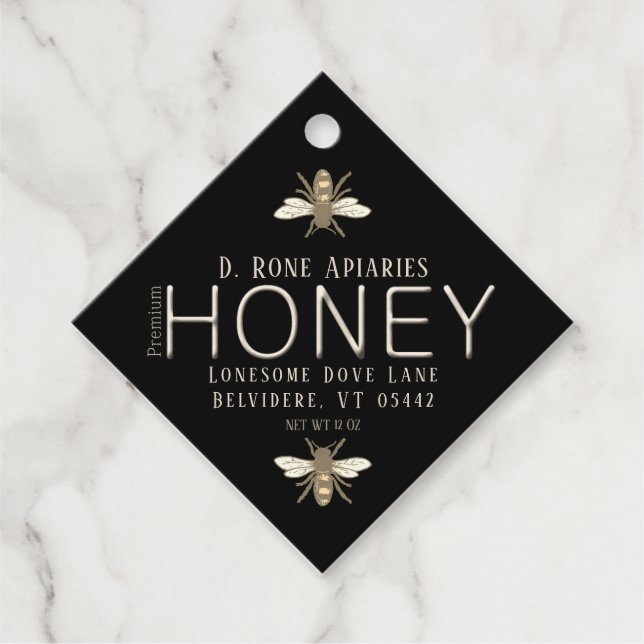 Heraldic Bee Black Honey mit Metallic Gold Text Geschenkanhänger (Vorderseite)