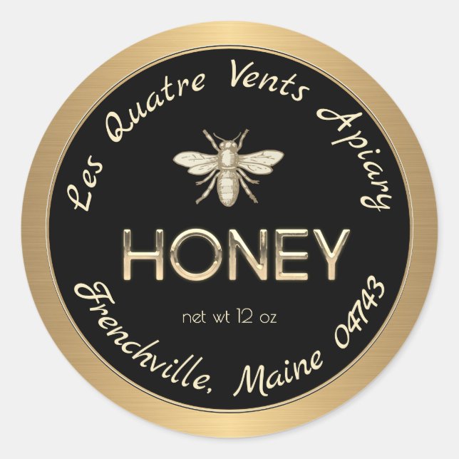 Heraldic Bee Gold Border Black Honey Label Runder Aufkleber (Vorderseite)
