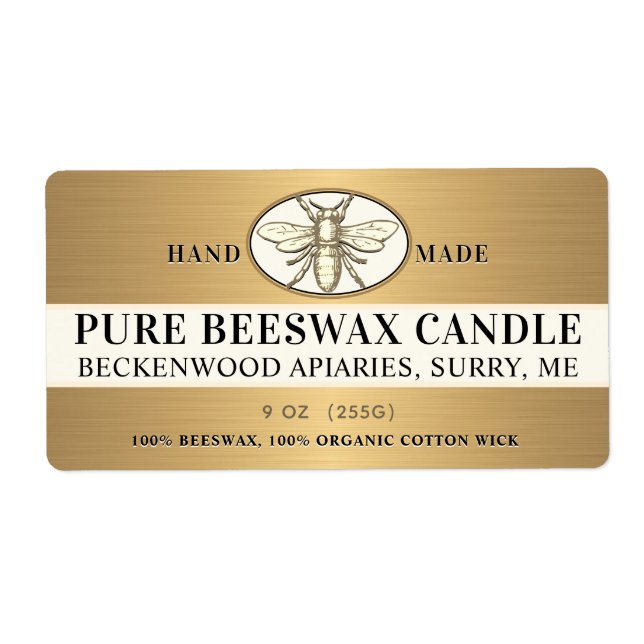 Heraldic Bee Metallic Gold Beeswax Kerze Label (Vorne)