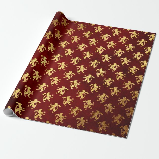 Heraldic Lion Royal Golden Red Velvet Geschenkpapier (Ungerollt)